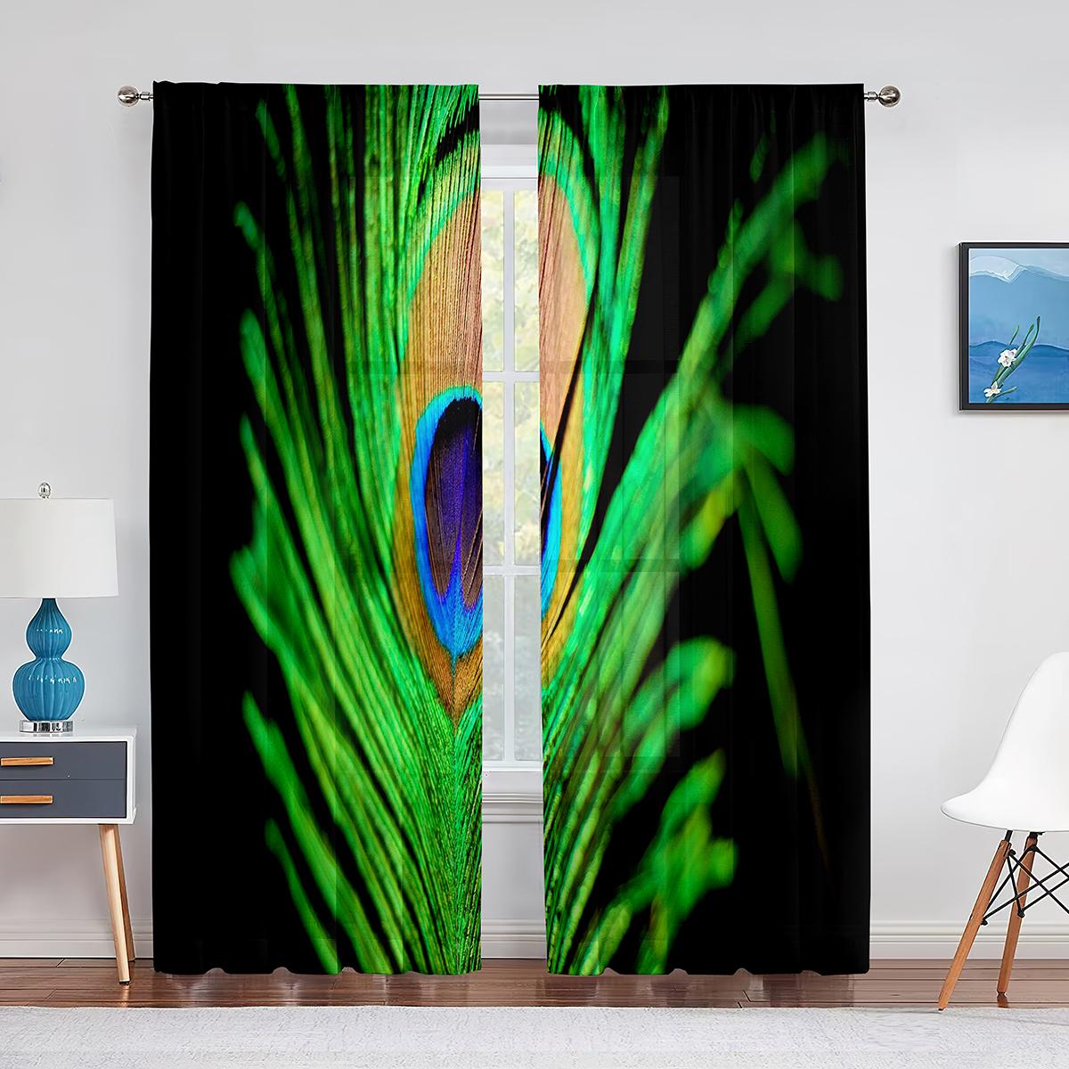 Голубые красивые прозрачные шторы с изображением павлина — фото 12