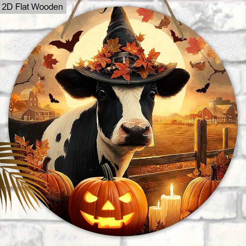Wooden Halloween Sign with Cow & Pumpkin Pattern - Unique Figurine Ornaments - Ideal for Front Door, Farm, Porch Decor