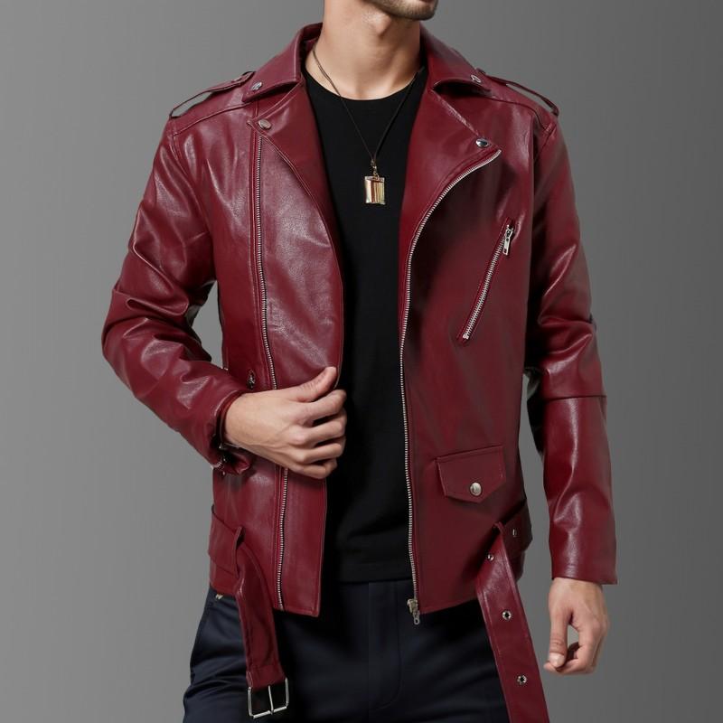 Mens Slim Fit PU Leather Biker Jacket With Lapel Collar Zipper Front Stylish Motorcycle Coat