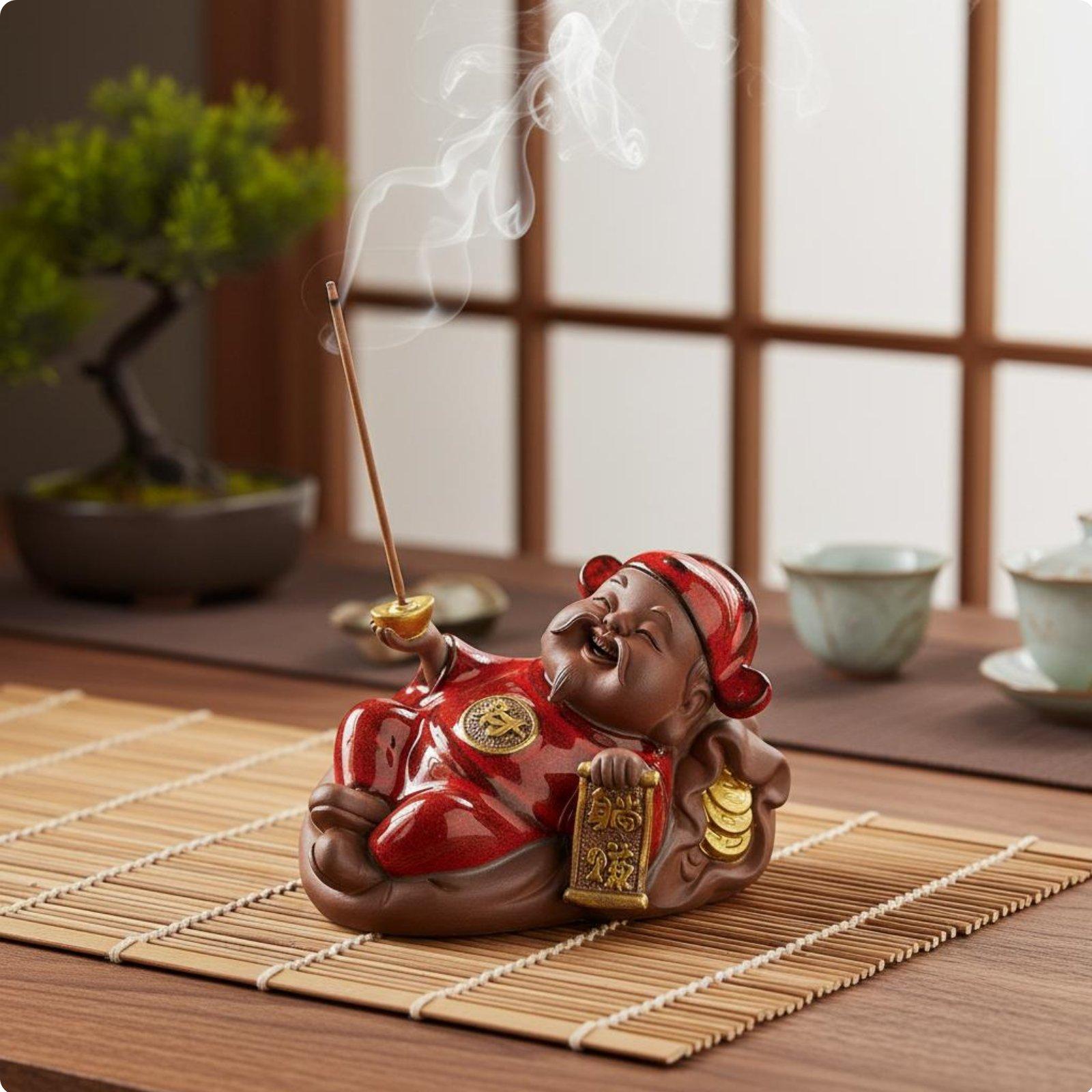 God of Wealth Fragrance Stick Holder Holder Handmade Intricate Chinese Wealth God Decoration Ceramic Figurine Fragrance Stick