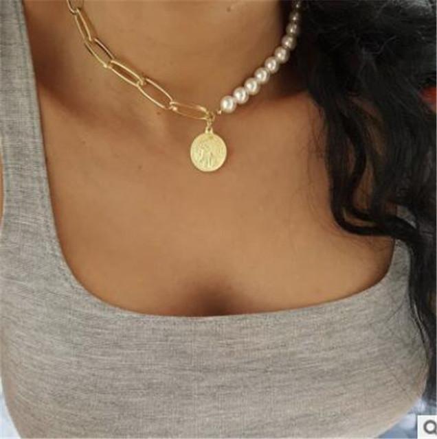 Fashion Chain Pearl Necklace for Women Baroque Pearl Metal Charm Pendant Necklaces Choker Snake Chain Jewelry Gold Silver Color