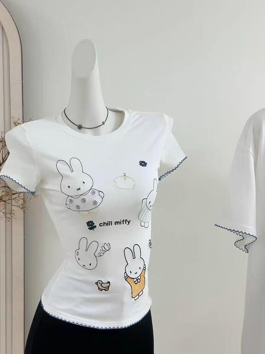

Pure desire cute rabbit embroidered front shoulder short-sleeved t-shirt girls summer slim and thin versatile student top S (recommended within 50kg years old)