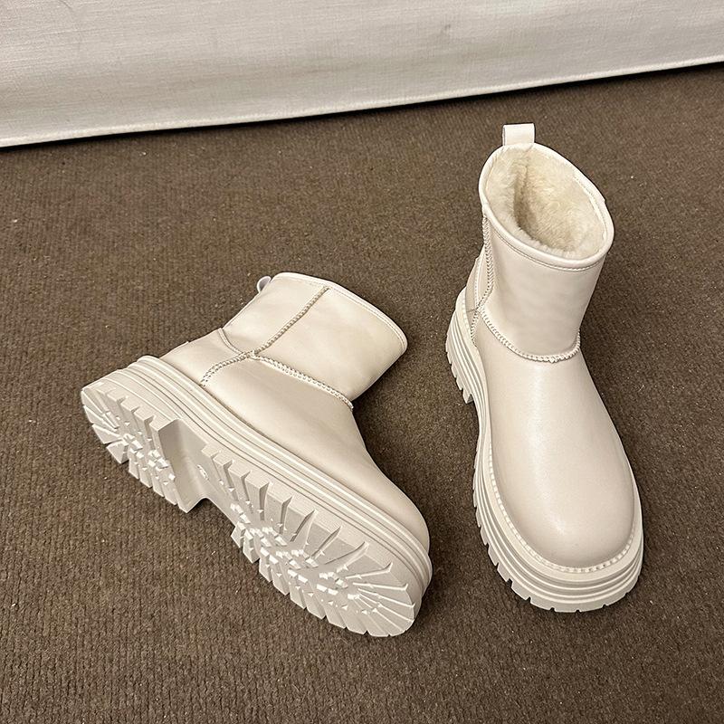 White Platform Snow Boots Women's 2025 Winter New Fleece Thickened Fur Integrated Waterproof Short Boots Cotton Shoes