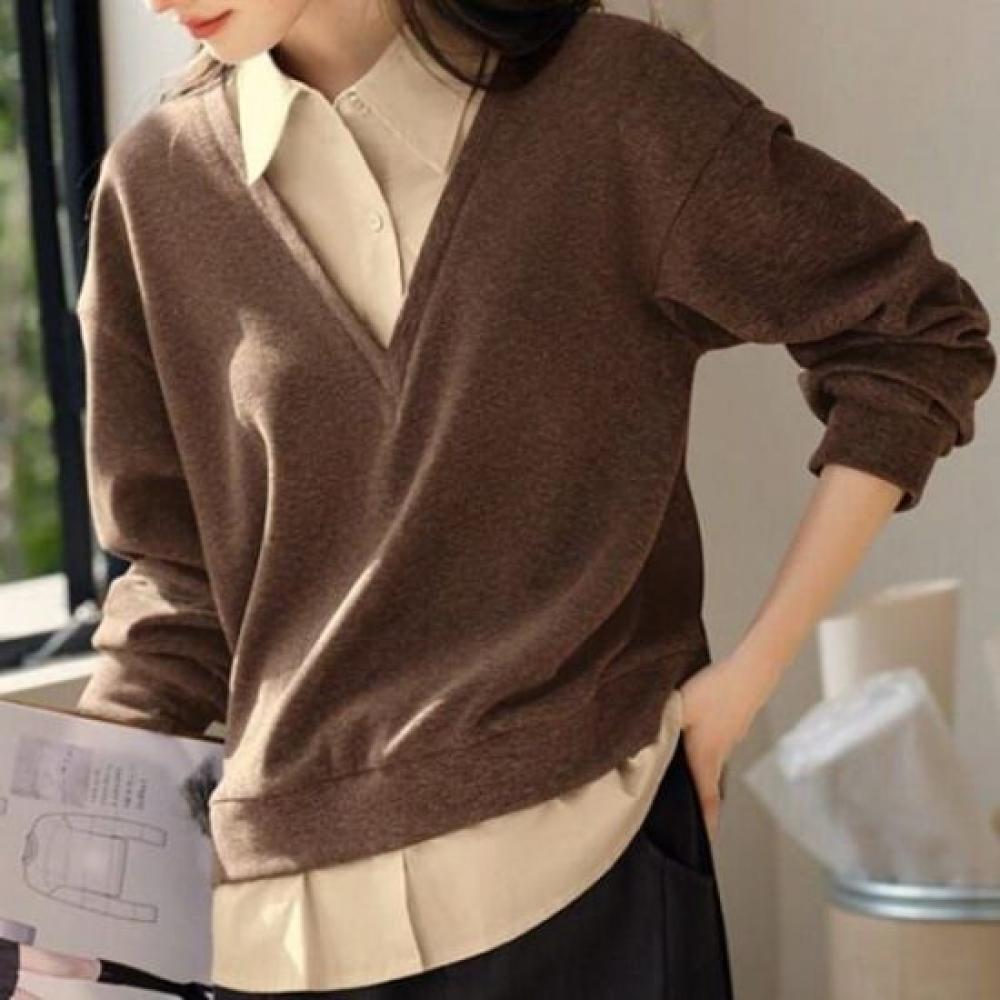 Navava Women Casual Layered Two In One Collar Long Sleeve Sweatshirt Nt3171