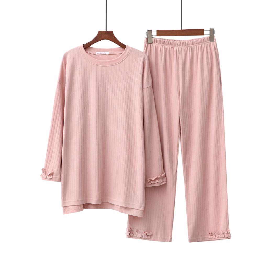 Spring and summer new skin-friendly cotton round neck loose large size home solid color textured pajamas set women's leisure pure cotton comfortable