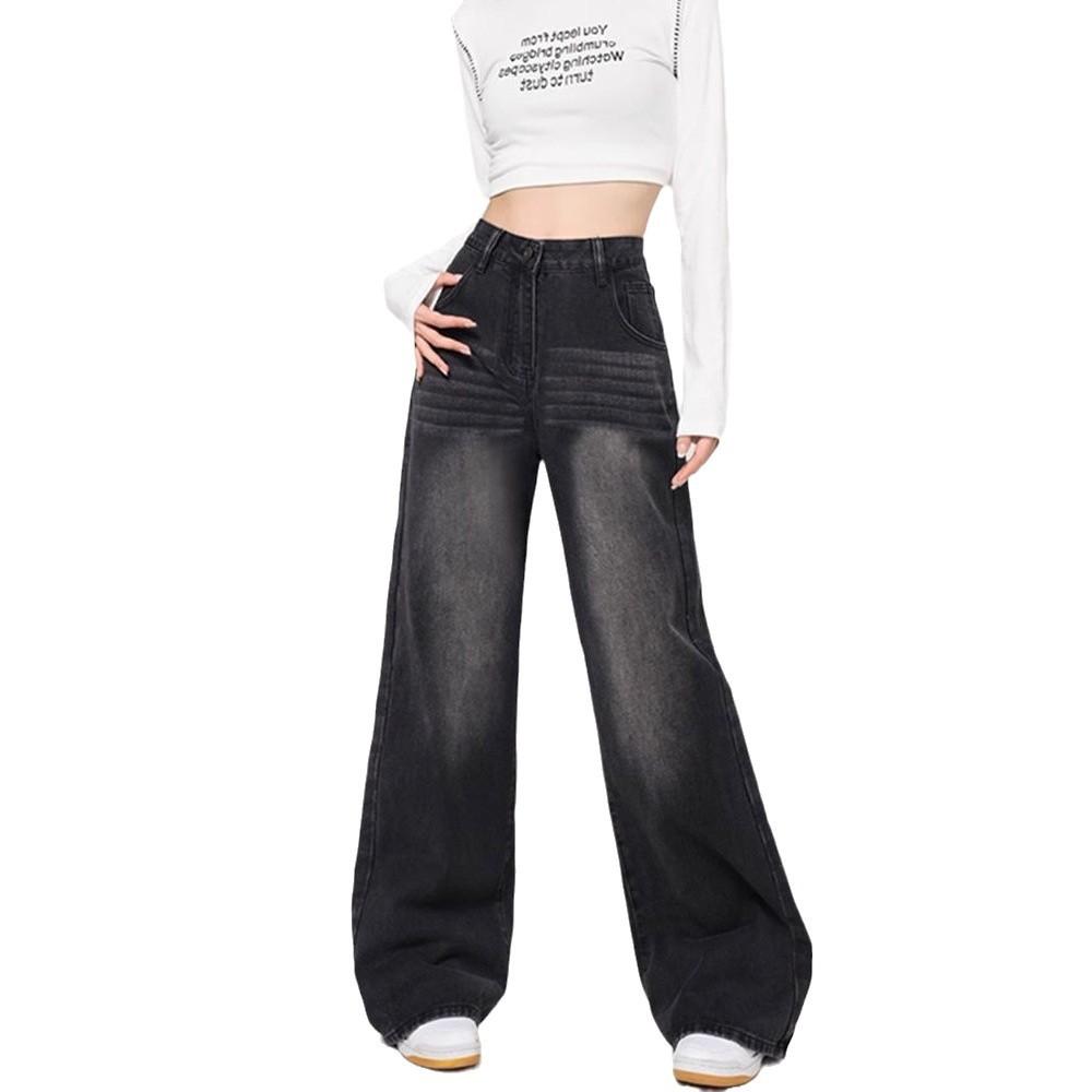 Women Straight Leg Denim Jeans Casual Solid Color Cotton Blend High Waist Daily Streetwear Long Pants