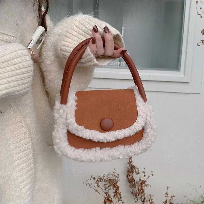 

Женская зимняя сумка через плечо из овечьей шерсти, модная сумка через плечо из искусственной замши, переносная квадратная сумка с текстурой 12X16X8cm коричневый