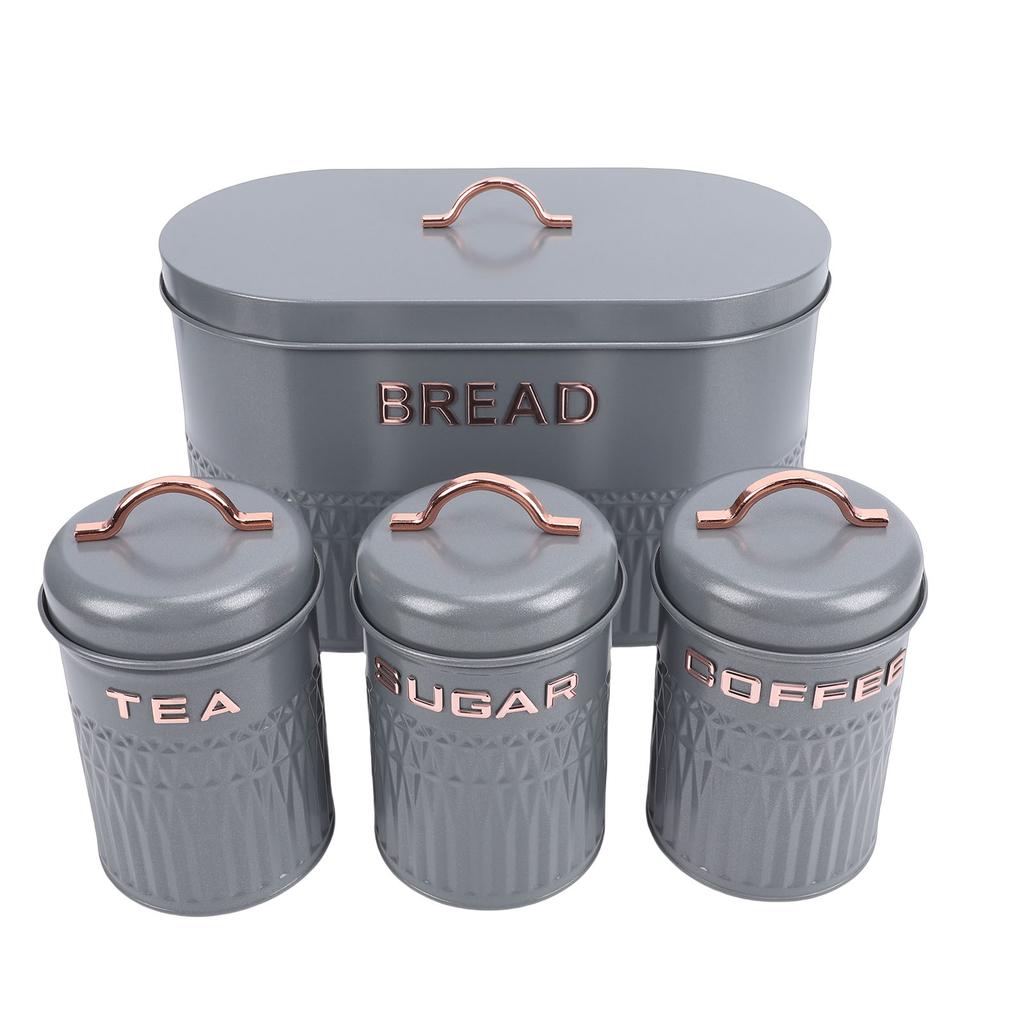Set da 4 pezzi: Porta pane e barattoli in ferro per cucina, Caffè, Tè, Zucchero, Porta pane in metallo per piano di lavoro