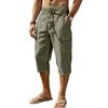 Men Linen Casual Outdoor Cargo Seven Shorts Multi Pocket Loose Fit Lightweight Drawstring Waist