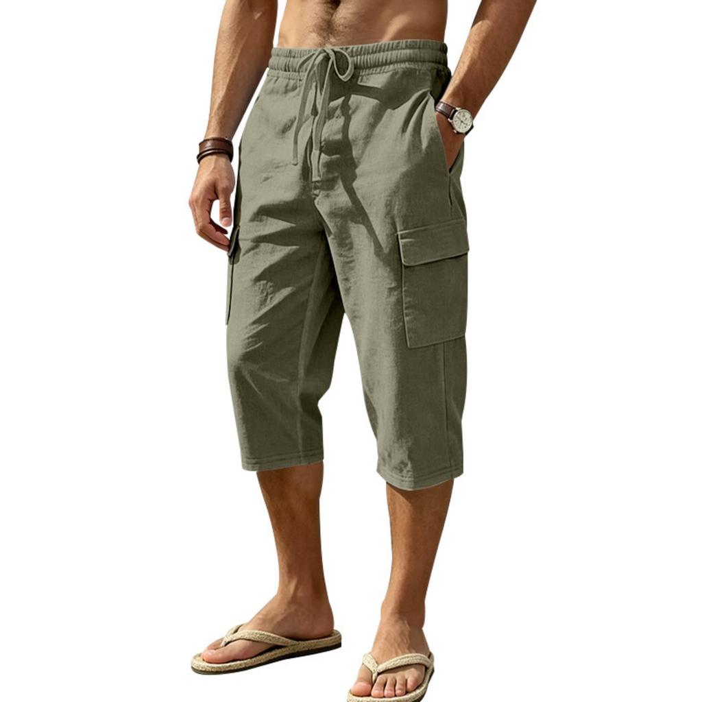 Men Linen Casual Outdoor Cargo Seven Shorts Multi Pocket Loose Fit Lightweight Drawstring Waist