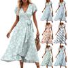 Floral Print V Neck Women Dresses Short Sleeve Waisted