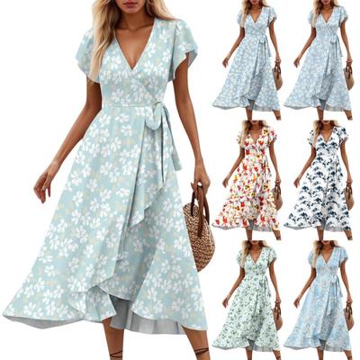Floral Print V Neck Women Dresses Short Sleeve Waisted