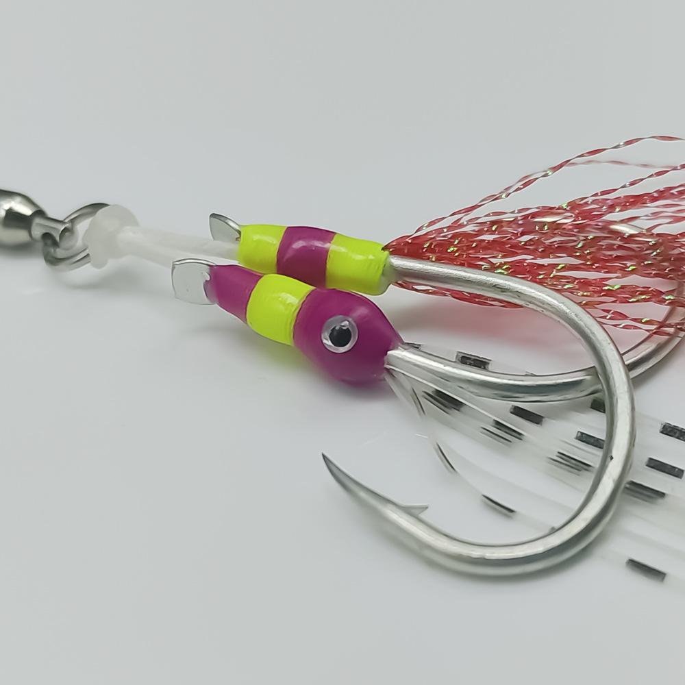 Hand-Tied Luminous Sea Fishing Jig with Double Silicone Ribbons and High Carbon Steel Fish Hooks.