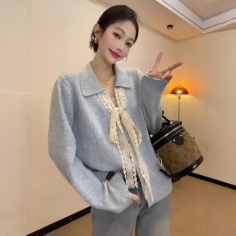 

Весна Осень Кружевная Лоскутная Вязаная Кофта Кардиган Женская Сладкая Повседневная Вязаная Кофта onesize синий