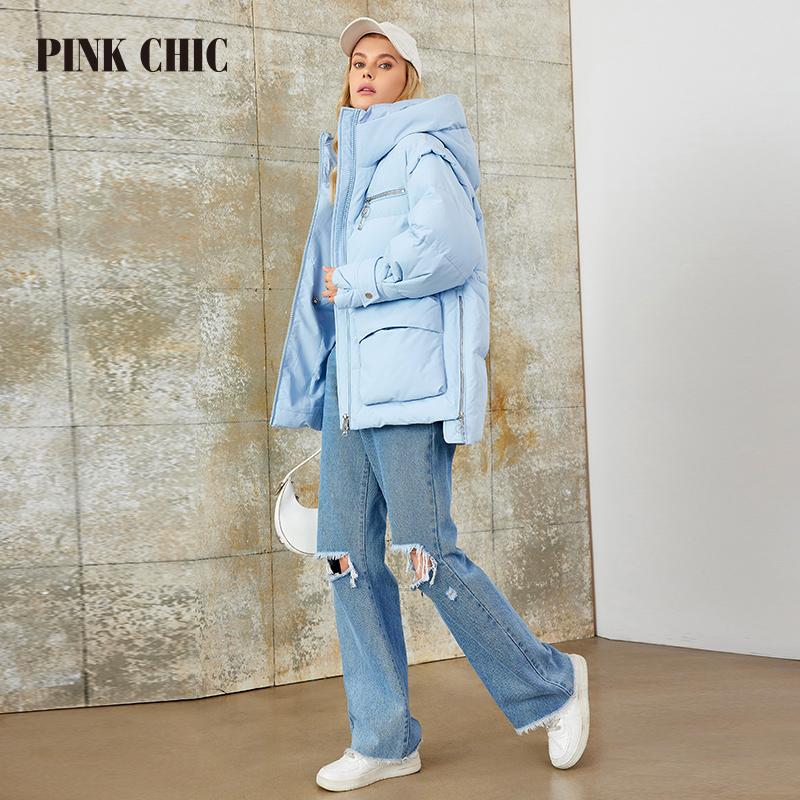 PINK CHIC 2025 New Winter Coat Women Down Jackets High Quality Dark Warm Lace Up Hooded Short Version Parka Female W6651