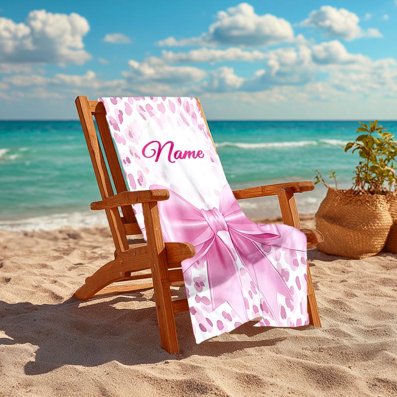 1PC Custom Name Pink Bow Leopard Print Beach Towel Highly Absorbent And Sand-Resistant Towel for Swimming, Pool, Yoga, And Travel Lightweight