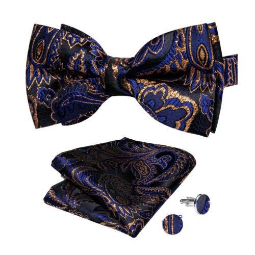 Conjunto de abotoaduras masculinas de seda azul ajustável com gravata borboleta Paisley floral Hanky
