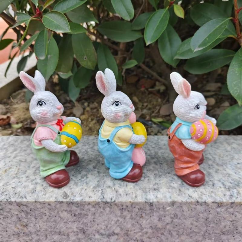 Easters Rabbit Sculpture Colorful Bunnies with Eggs Resins Figurine Statue Ornament for Home and Garden Decoration Gift