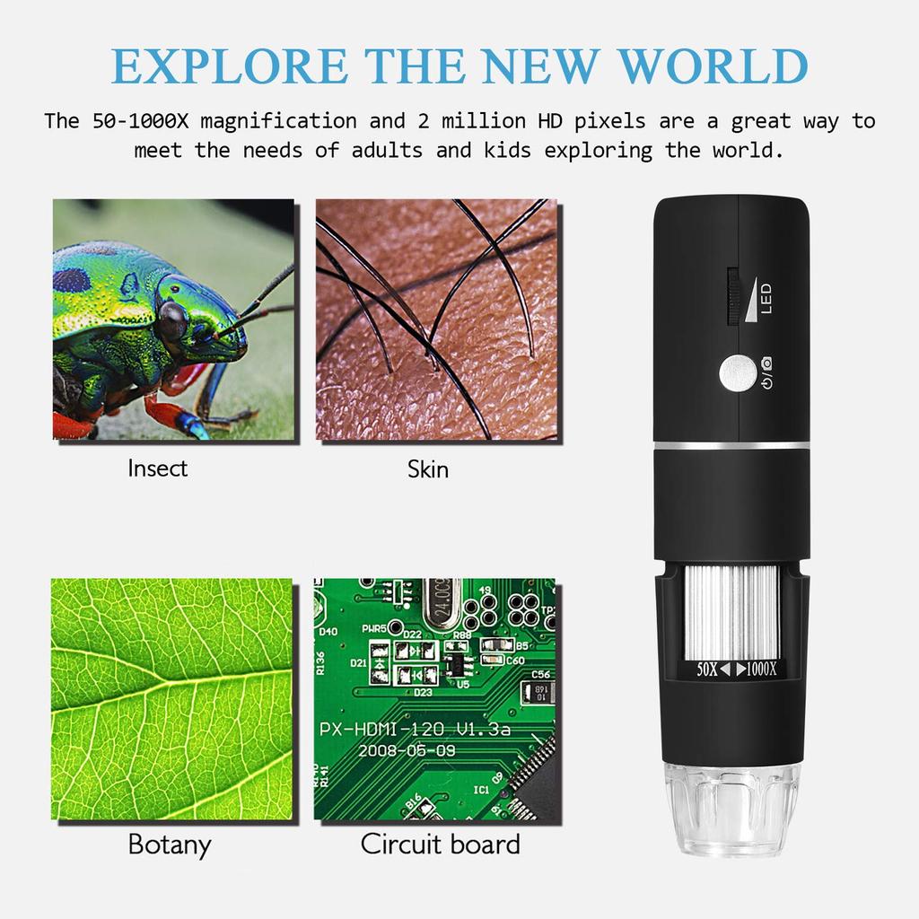WiFi Digital Microscope Built in Camera 1080P HD 2MP 50x-1000x Magnifying Endoscope with 8LEDs for Android iOS Smartphone iPad  PC