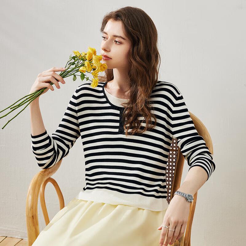 Women's Lyocell Stripe Faux Two-piece Long Sleeve Knit Top