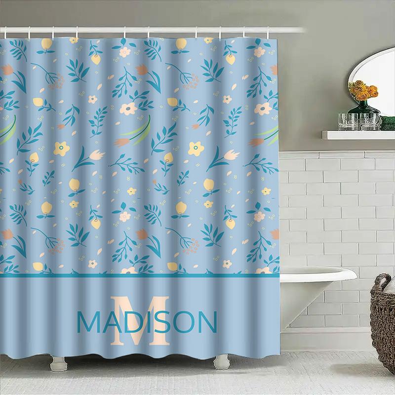Blue Floral Shower Curtain With Monogram For Bathroom Decor Custom Name Available Perfect Housewarming Gift #Homede