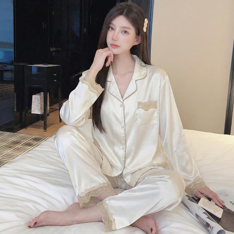 Ice Silk Pajamas Women'S Spring And Summer Thin Long-Sleeved Trousers Fashion Cool Cardigan Loungewear Suit Can Be Worn Outside