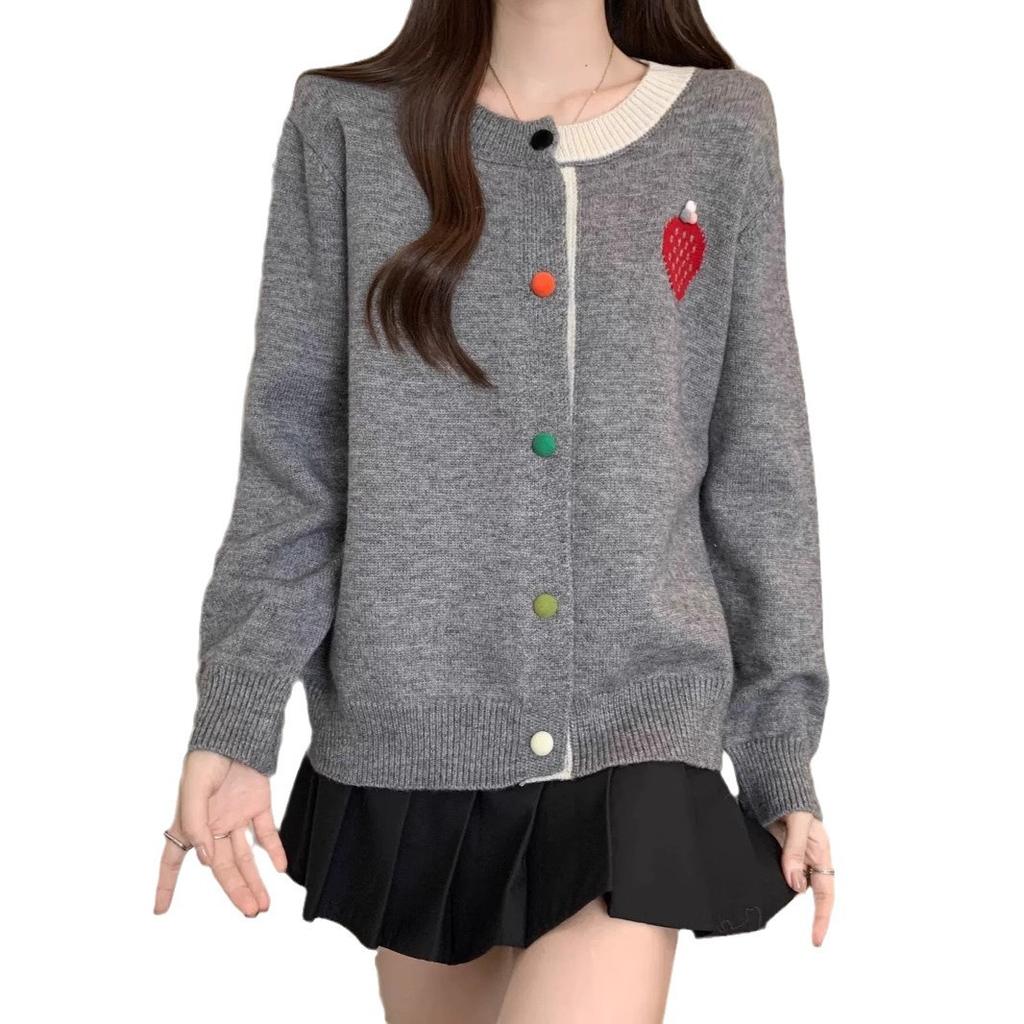 Korean Youthful Color Block Round Neck Strawberry Knit Cardigan Women Designer Sweater Top