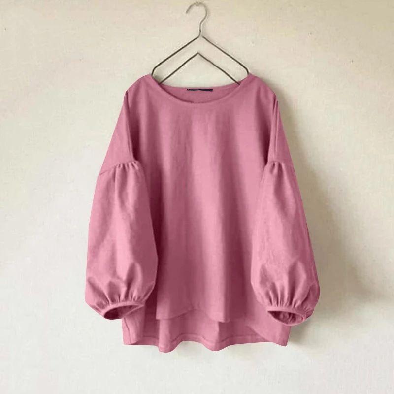 

Solid-Colored round-Neck Loose Top Puff sleeve Solid round Neck Top Women Pink XL