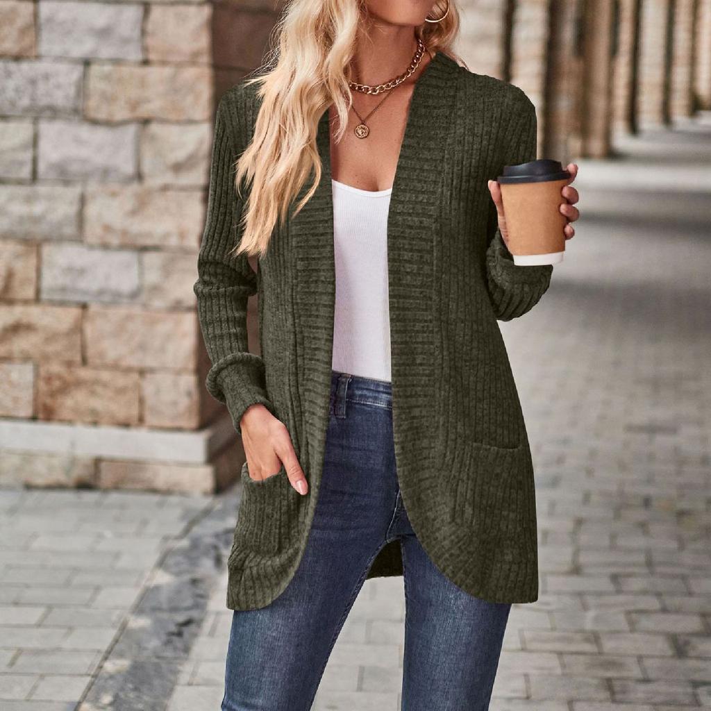 Women Ladies Solid Color Long Sleeve Length Cardigan Sweater Coat Top