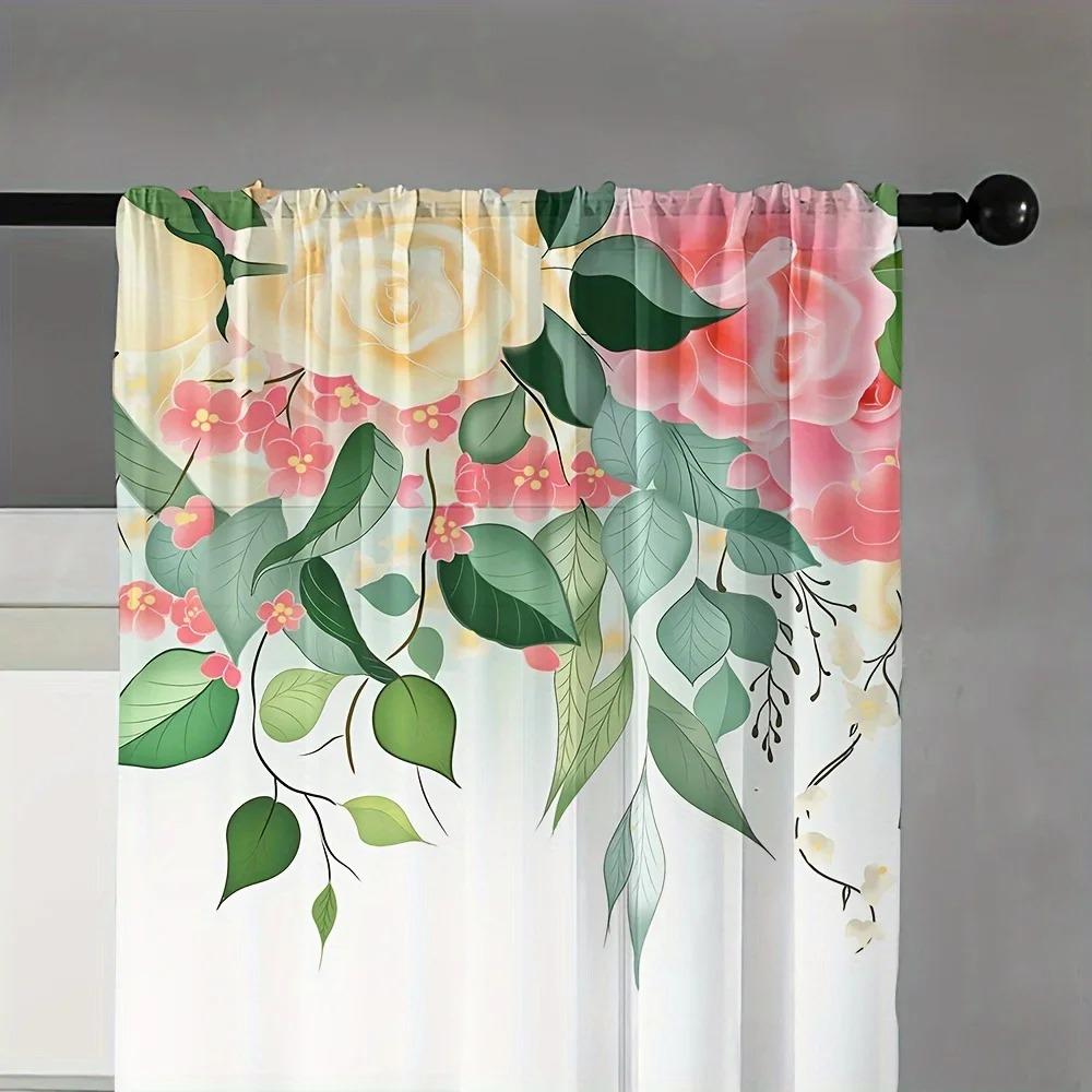 2 pezzi Tenda Semitrasparente con Stampa di Fiori e Foglie Tende Filtranti per la Luce per Soggiorno Camera da Letto Cucina Caffè Decorazione Casa cortinas