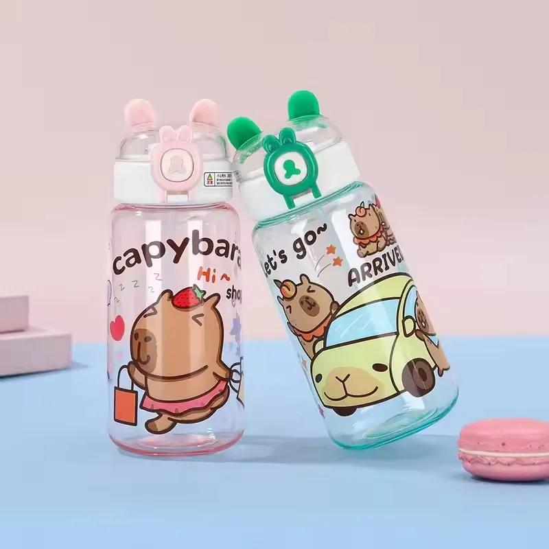 1-10PCS Capybara Cartoon 550ml Portable Large-capacity Water Bottle Sports Straw Cups Student Plastic Water Cups Water Bottle