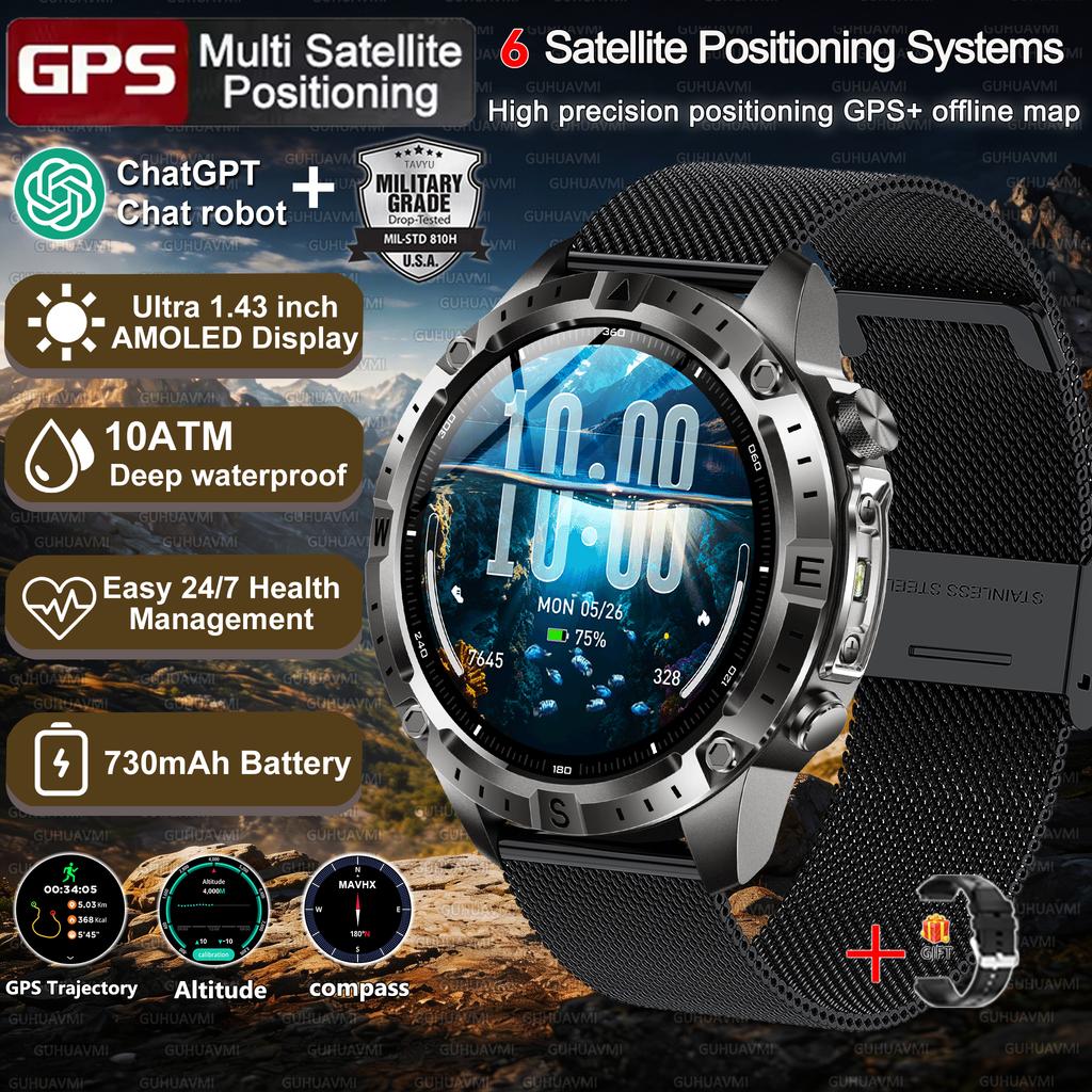 New Army grade TANK GPS Offline Maps Smart Watch 10ATM Waterproof Sports Compass Heart rate HD Bluetooth call Smart watch