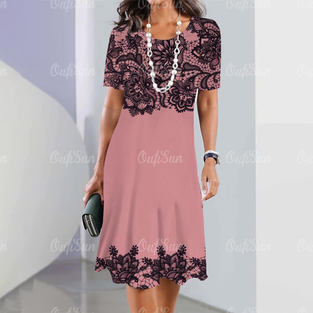 Новое женское ретро-платье с кружевным принтом, элегантное повседневное платье с коротким рукавом, модное женское платье 2026 M
