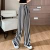 Women Summer Casual Pants Elastic Waist Adjustable Tie Straight Wide Leg Long Trousers Camouflage Striped Print Lounge Pants Streetwear
