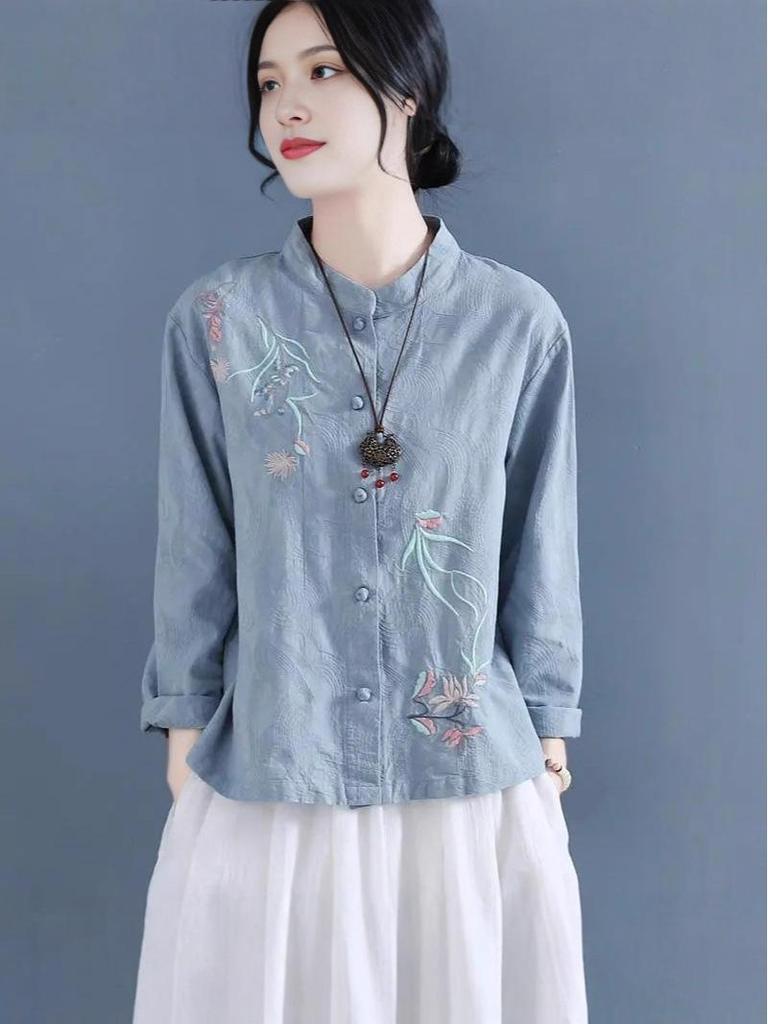 Elegant Women's Long Sleeve Cotton Linen Ramie Shirt - Light Luxury Plus Size, Slimming Design for Autumn & Winter