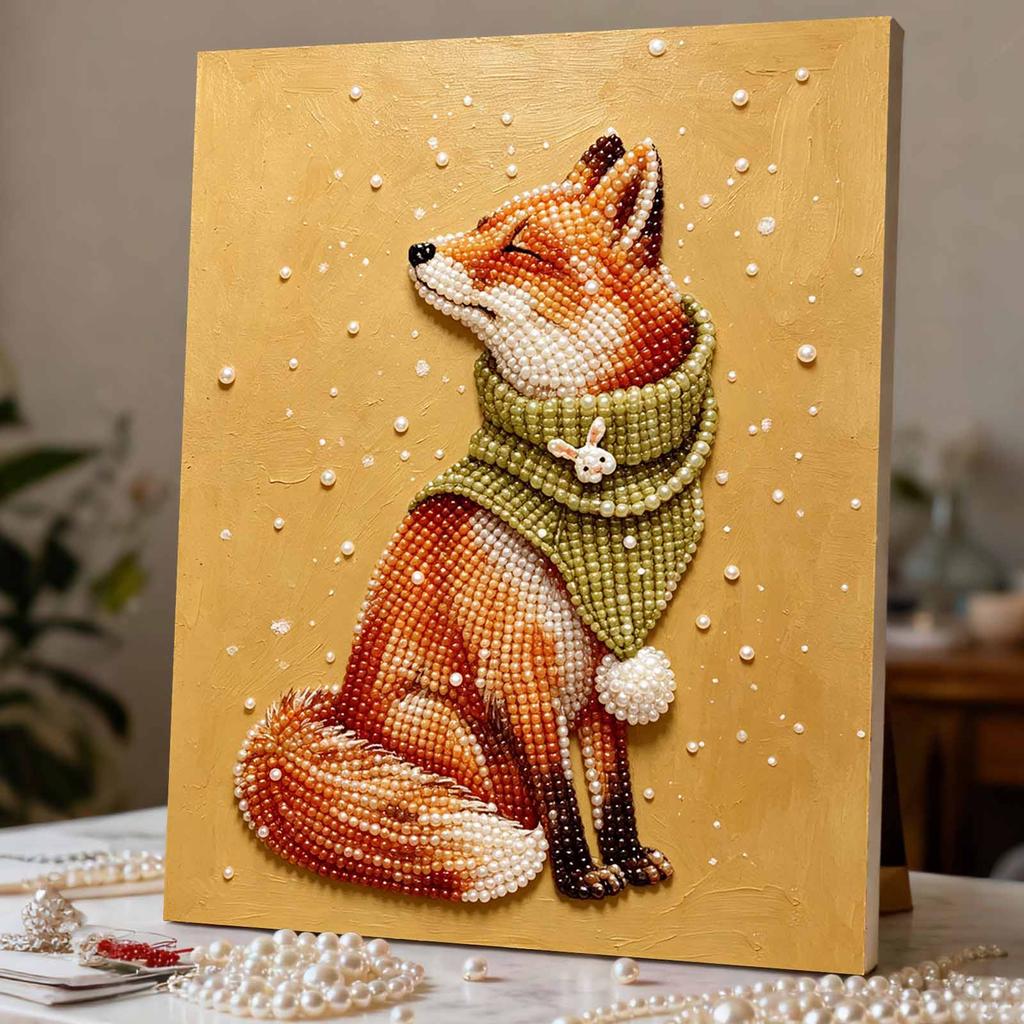 Easy DIY Framed Pearl Bead Painting Kit with Scarf Wearing Fox 3D Sparkling Canvas Art for Home Decoration Gift Idea for Winter Holiday Decor