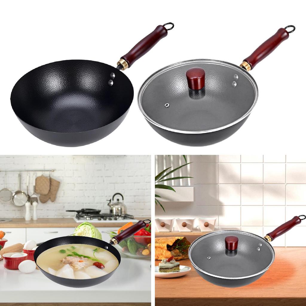 Iron Wok Suitable for All Stoves Pot Cookware Cooking Round Bottom with Wooden Handle Non Coated Rustproof Kitchen Nonstick
