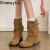 Winter Design Dicke Absätze Damen Mordern Schaftstiefel Mode Gürtelschnalle Slipper Damenschuhe Bankett Party Mid-Calf Stiefeletten