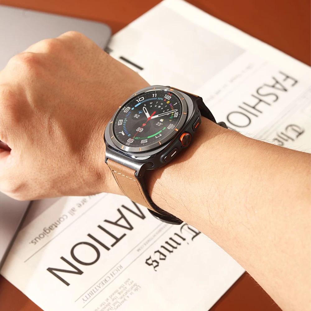 Leather Business Band for Samsung Galaxy Watch 8 Classic 46mm 44mm 40mm No Gaps Men Bracelet for Galaxy Watch 7 Ultra 47mm Luxury Curved End Strap