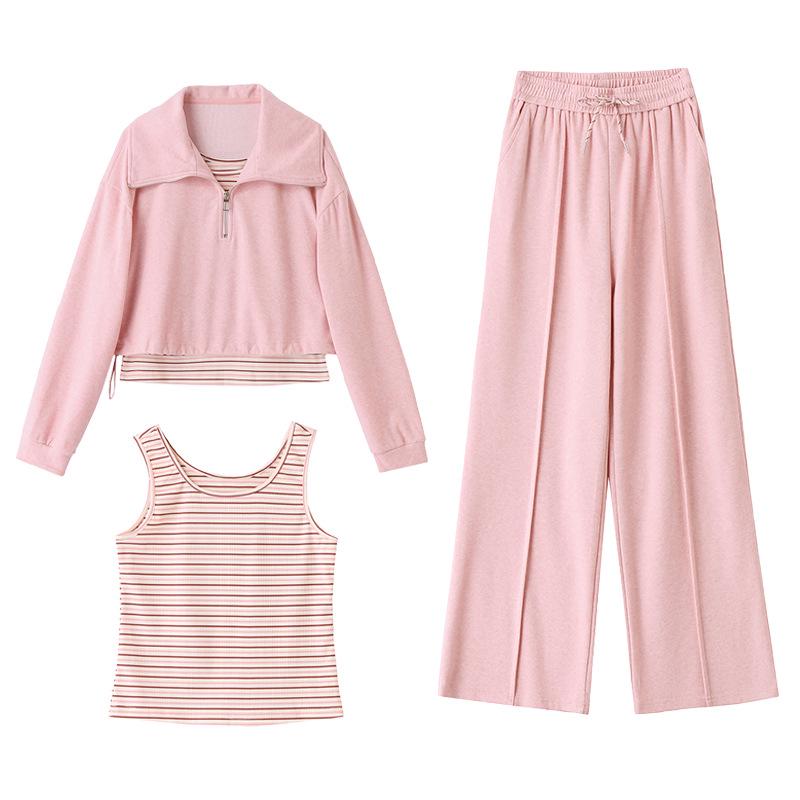 2025 Spring Fashion High-Waist Wide-Leg Pants & Slim Fit Sweatshirt Set