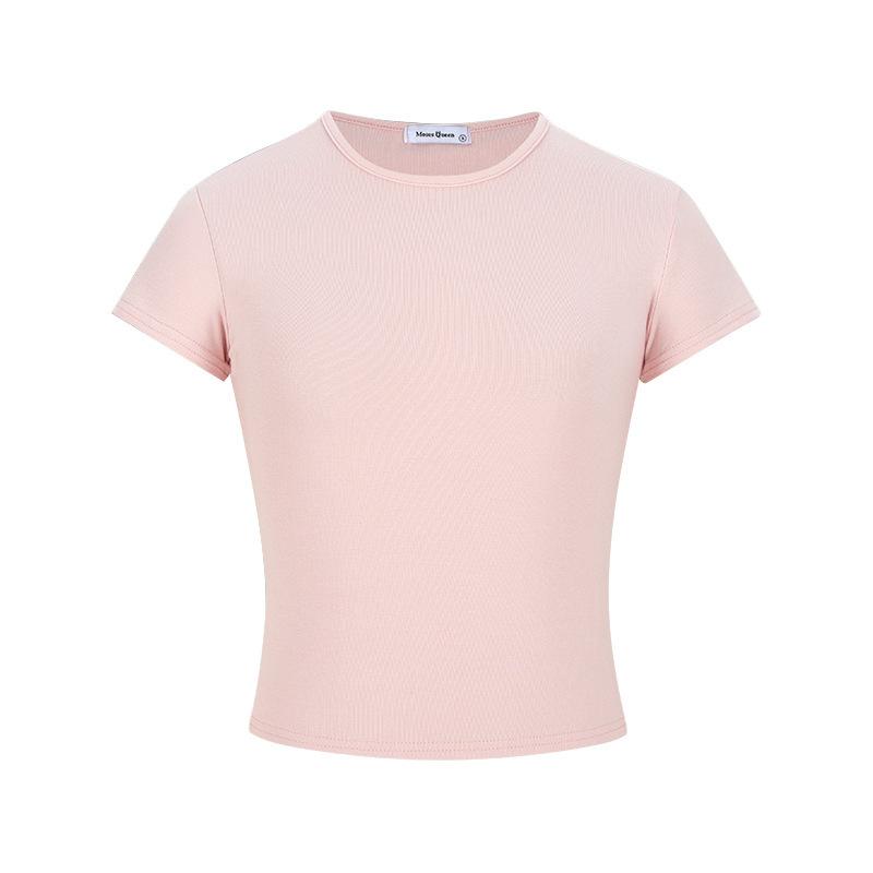 Korean Pink Slim-fit Short-sleeved T-shirt Women's Summer New Front Shoulder Crew Neck Thin Chic Bottoming Shirt