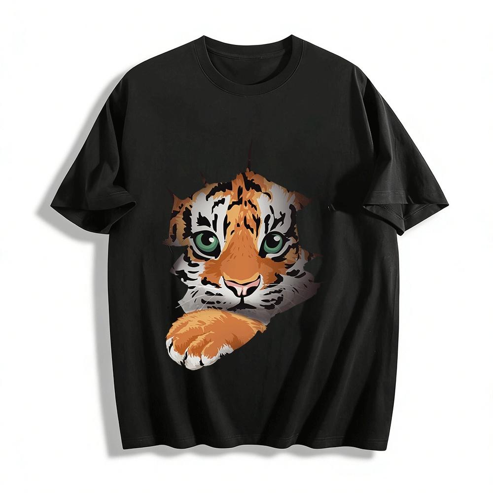 

Cute Hole-breaking Tiger Cub Print Casual T-shirt Unisex Animal Top Pure cotton T-shirt XXS