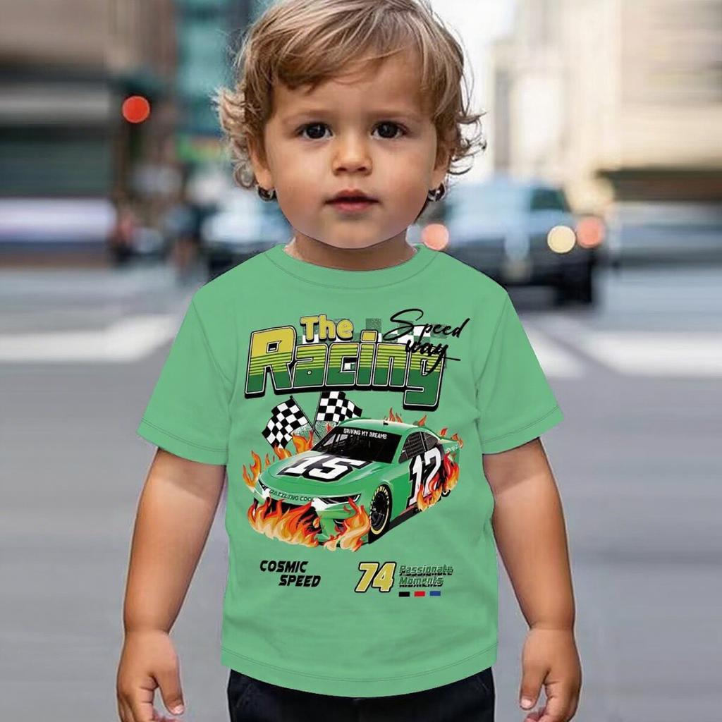 Summer Round Neck Vehicle Themed 3D Printed Top Fashionable Casual Short Sleeved Children's Boy T-shirts