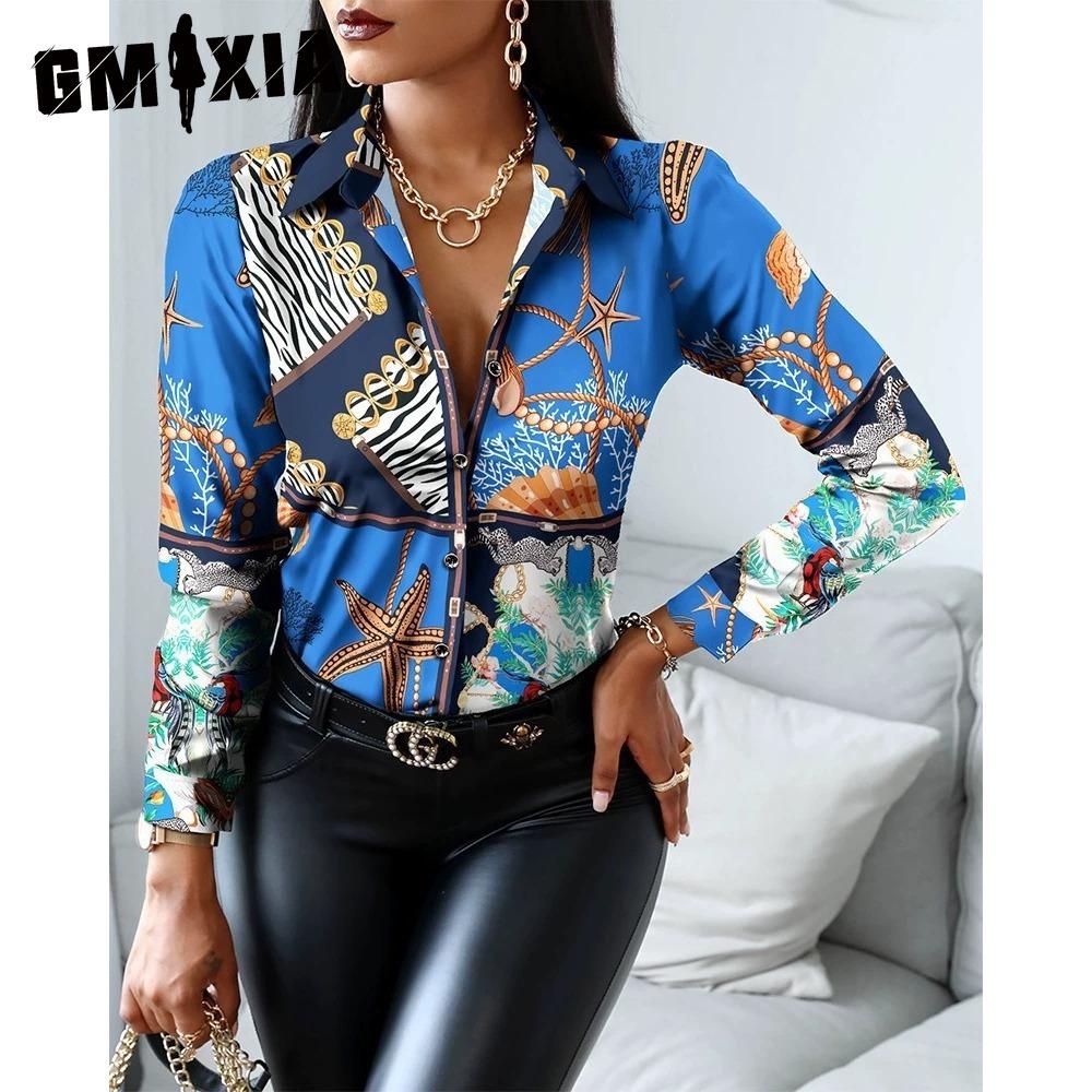 GMXIA Women's Fashion Casual Solid Color Print Long Sleeve POLO Neck Blouses & Shirts