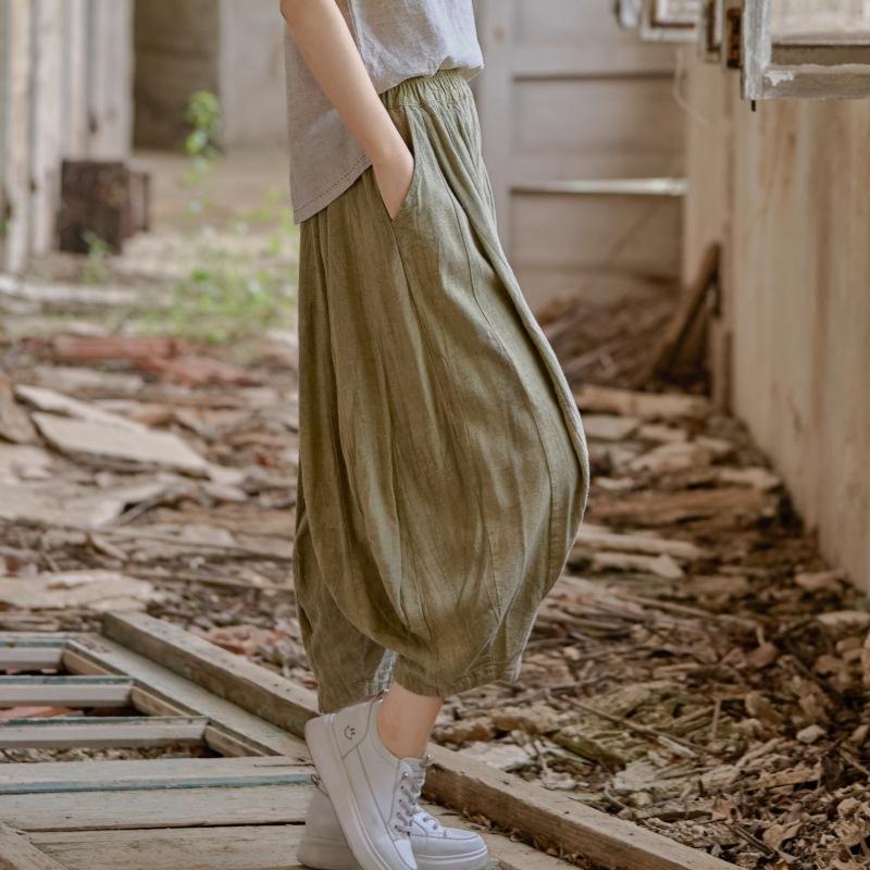 Johnature Women Vintage Wide Leg Pants Elastic Waist Solid Color Trousers Summer Loose Casual Female Pants