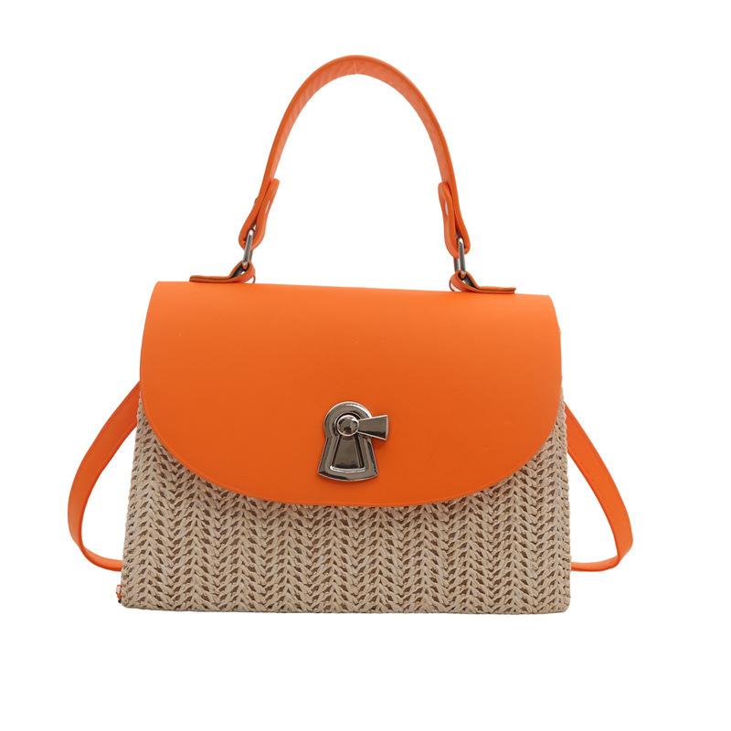 Woven Splicing Fashionable Personalized Lock 2025 Foreign Style Summer New Straw Crossbody Shoulder Portable Small Square Women's Bag