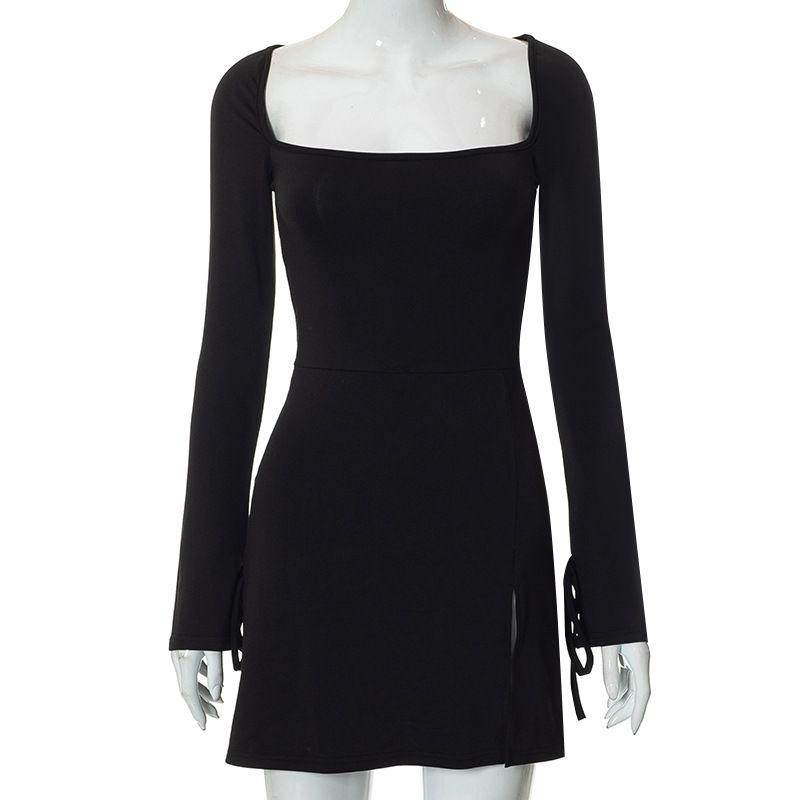 

Autumn and Winter Ins U-Collar Slim-Fit High-Waist Ultra-Short Dress Black L