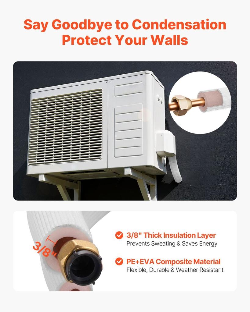 30.5m Mini Split Line Set, 9.5 & 15.9mm OD AC Copper Tubing Pipe, 3/8 White PE Thickened Insulated Coil with Flared Nuts, Strapping Tapes, for Mini
