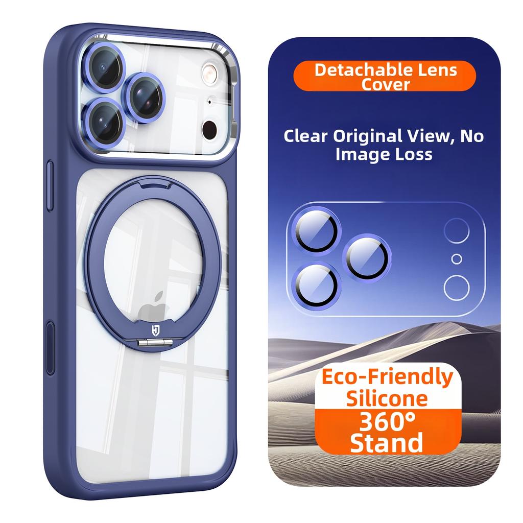 Magnetic Case for iPhone 17 16 15 14 Pro Max for MagSafe 360 Rotating Ring Stand Removable Lens Protector Transparent Cover