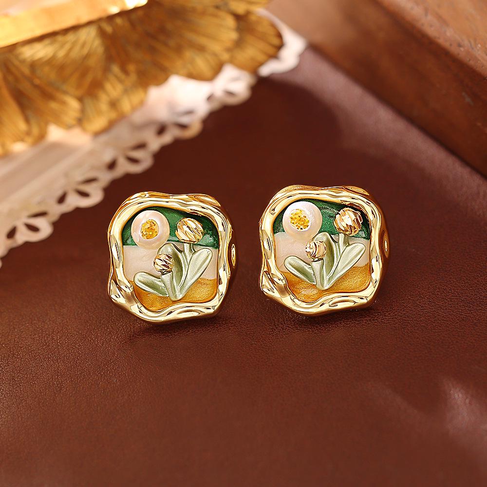 Monet Garden Geometric Freshwater Pearl Stud Earrings - Chinese Style Oil Painting Fashion Jewelry for Women